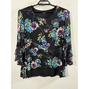 Calessa Blouse Womens 2X Black Floral Ruffle Bell Sleeve Tunic Top Plus